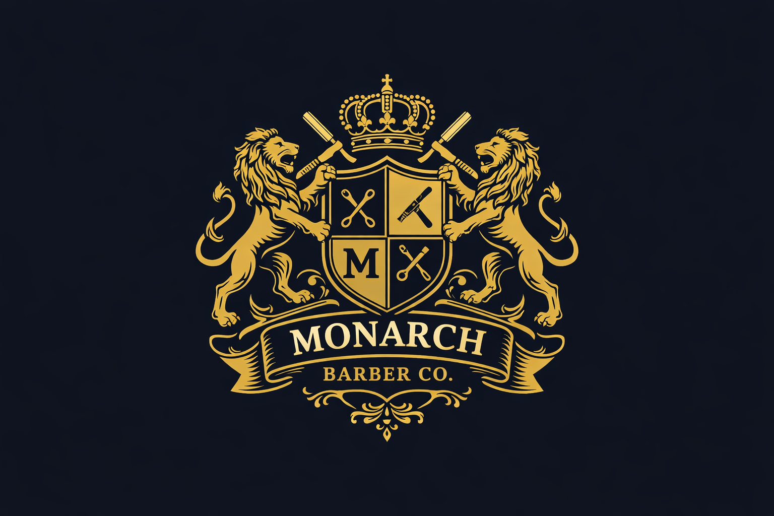 Monarch Barbers — crest with twin lions, crown, and crossed straight razors